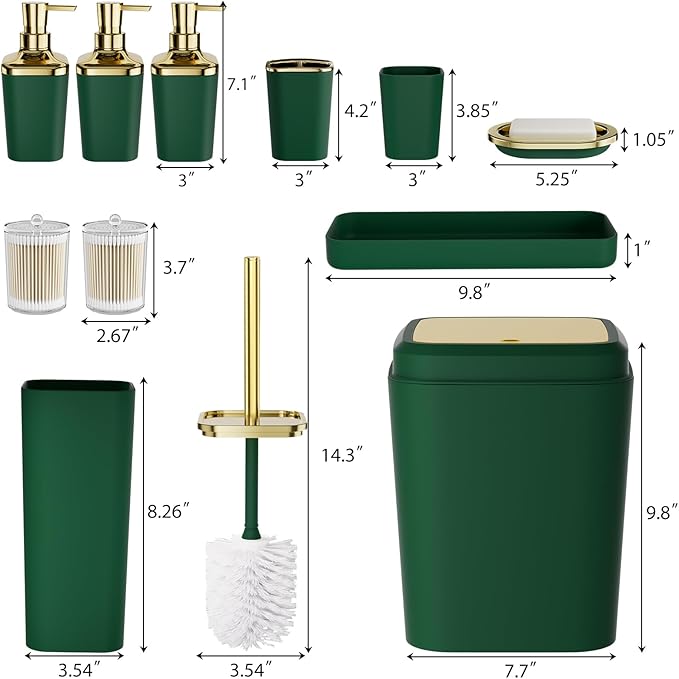 Bathroom Set — Green Bathroom Accessories Set, 11PC Bathroom Accessory Set, Green Bathroom Set with Push-lid Trash Can, 3PC Soap Dispensers, Toilet Brush & Qtip Holders