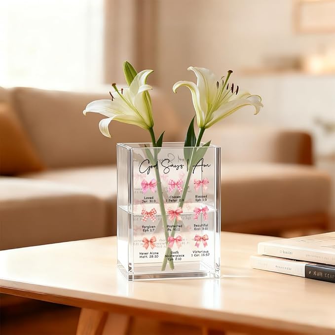 God Says I Am Loved Acrylic Bible Cosmetic Organizer Pen Holder, Funny Christian Acrylic Pencil Pen Holder for Desk, Religious Gifts for Women Coworker Teacher, Bible Verse Pencil Cup for Friend
