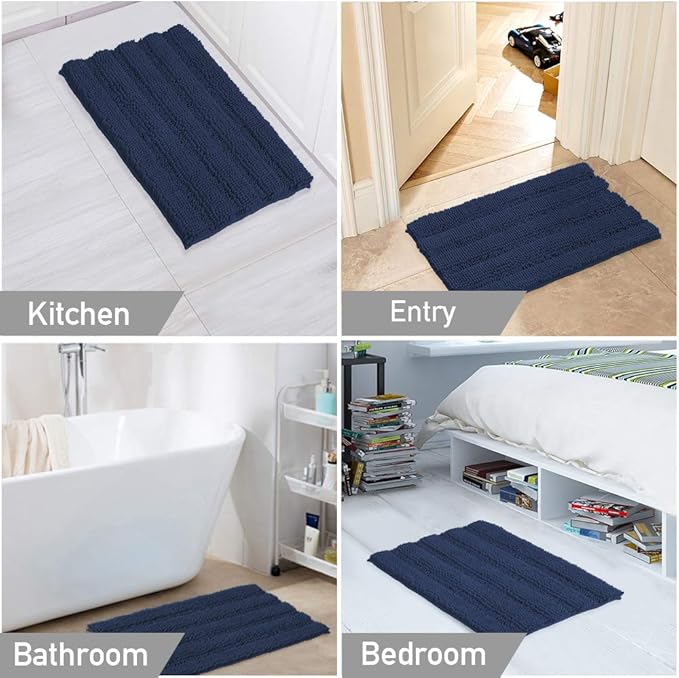 Turquoize Chenille Bathroom Rugs Set - Non-Slip Bath Mats for Bathroom Floor, Extra Soft and Absorbent Shaggy Mats for Kitchen/Entryway (20" x 32" and 17" x 24"), Navy