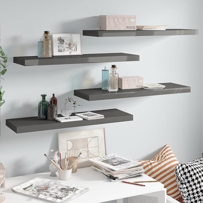 Floating Wall Shelves 4 Pack High Gloss Gray Modern Display Storage Rack for Living Room Bedroom Office Decor 31.5x9.3x1.5 Inches MDF Honeycomb Structure