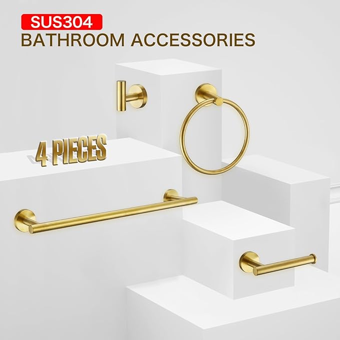 Bathroom Hardware Set Accessories Adjustable Brushed Gold Towel Bar Set 24in Stainless Steel Wall-Mounted 4-Piece Bathroom Towel Rack Toilet Paper Holder Towel Ring Towel Hooks Towel Holder Set