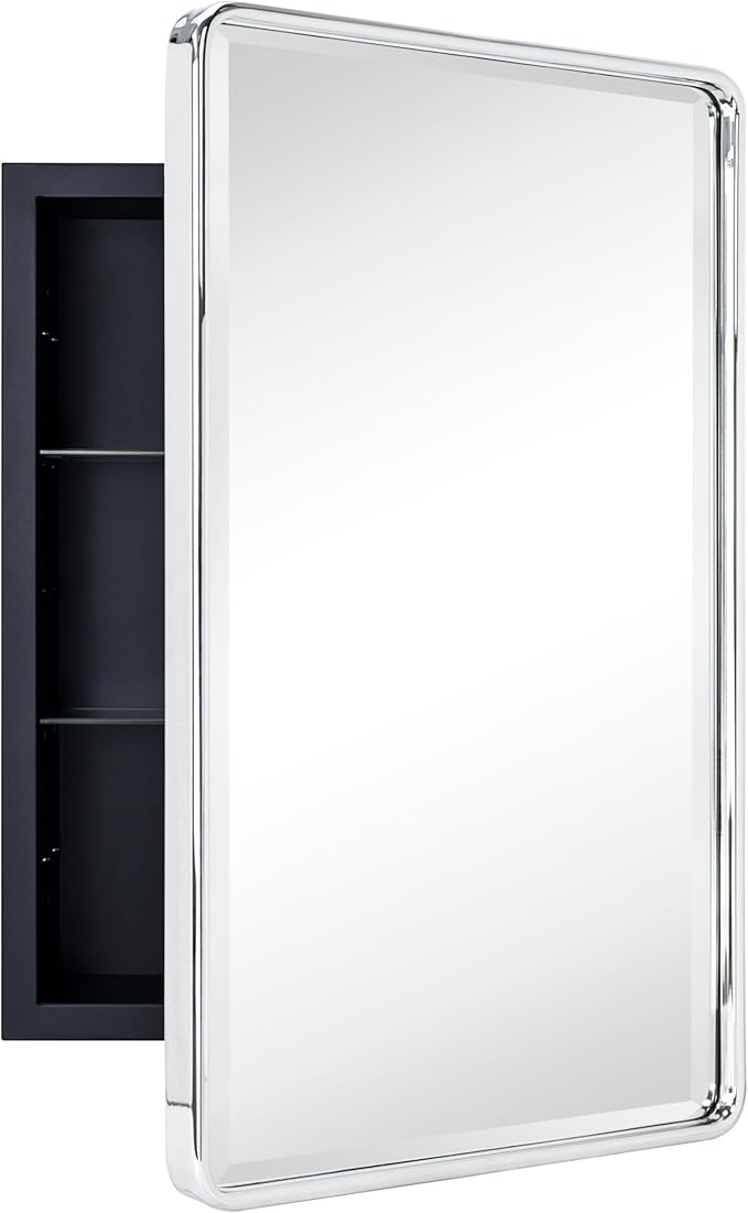 TEHOME Surface Mount 16x24 Polished Nickel Bathroom Medicine Cabinet with Mirror Metal Framed Rounded Rectangle Medicine Cabinet with Beveled Mirror