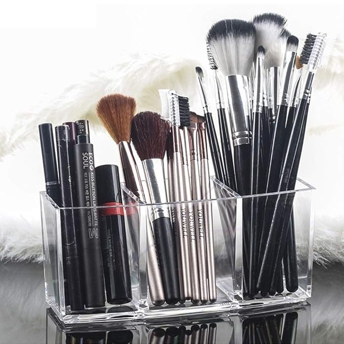 Hekyip Cosmetic case Clear Makeup Brush Holder, 3 Slot Acrylic Cosmetic Brushes Storage, Eyeliners Eyebrow Pencil Display Case