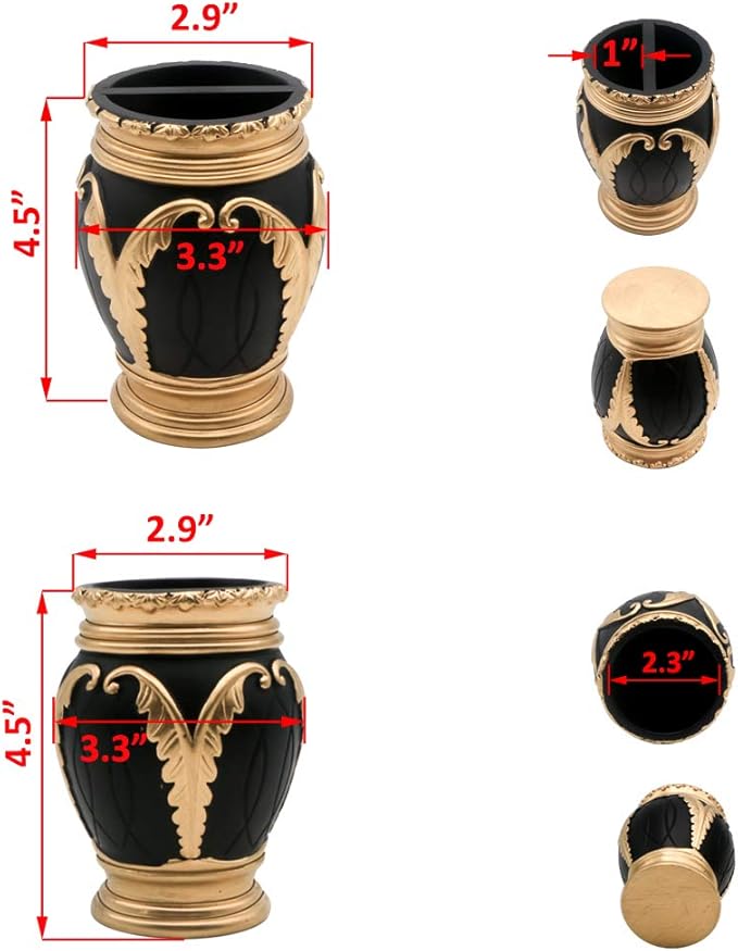 LUANT 4 Pieces Bathroom Accessory Set Including Tumbler, Toothbrush Holder, Soap Dish and Soap Dispenser, Black with Gold