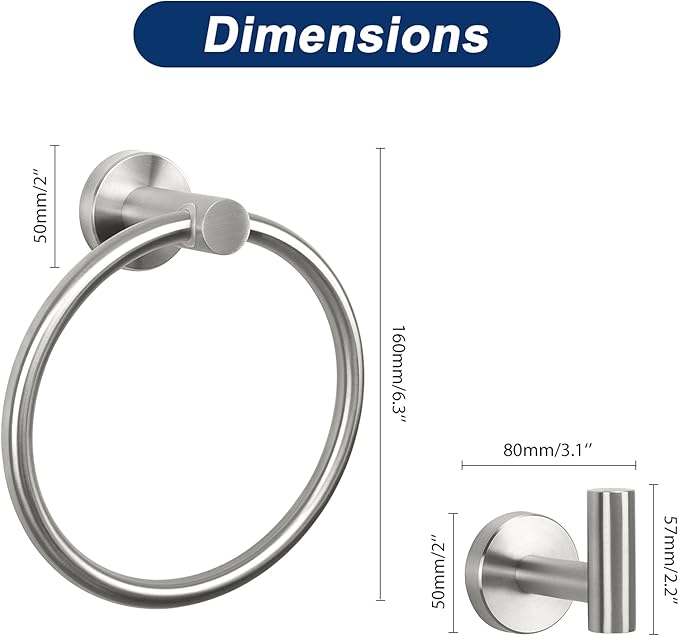 NearMoon 3 Pieces Bathroom Hardware Set, Bath Towel Ring and 2 Towel Hooks- Stainless Steel Hand Towel Hanger and Robe Hooks Accessories, Wall Mounted (Brushed Nickel)