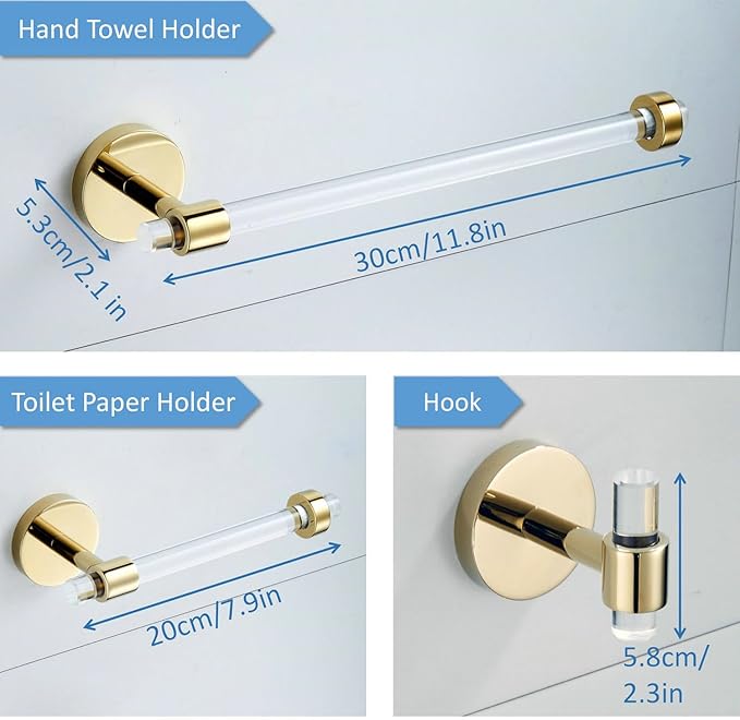 Gold Bathroom Hardware Accessories Set - Acrylic Hand Towel Holder Toilet Paper Holder Towel Hook - Wall Mounted Bath Towel Bar Set 3 Pieces SHUNLI