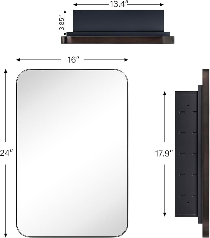 Oil Rubbed Bronze Rectangle Recessed Bathroom Medicine Cabinet with Mirror Stainless Steel Dark Bronze Metal Framed Rounded Rectangular Bathroom Cabinet with Mirror 16x24''