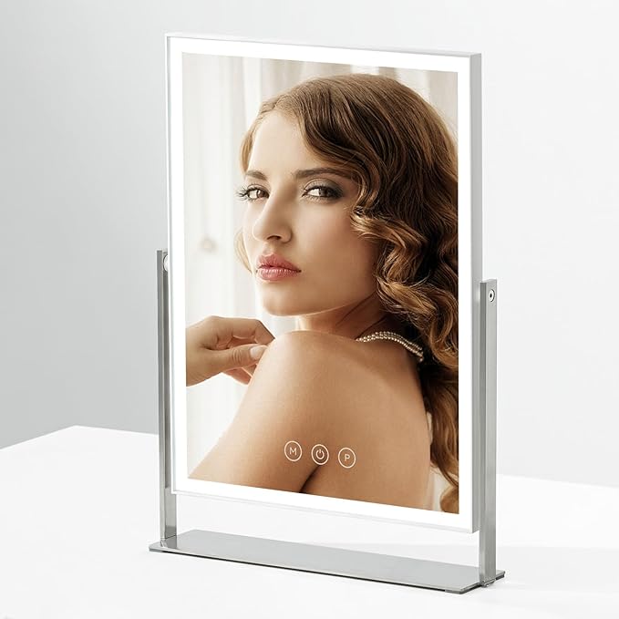 NEZZOE Rechargeable Vanity Mirror with Lights, Table Mirror with Stand, Makeup Mirror with 3 Colors and Brightness Adjustable, 3000mAh Battery, 14×10 Inch