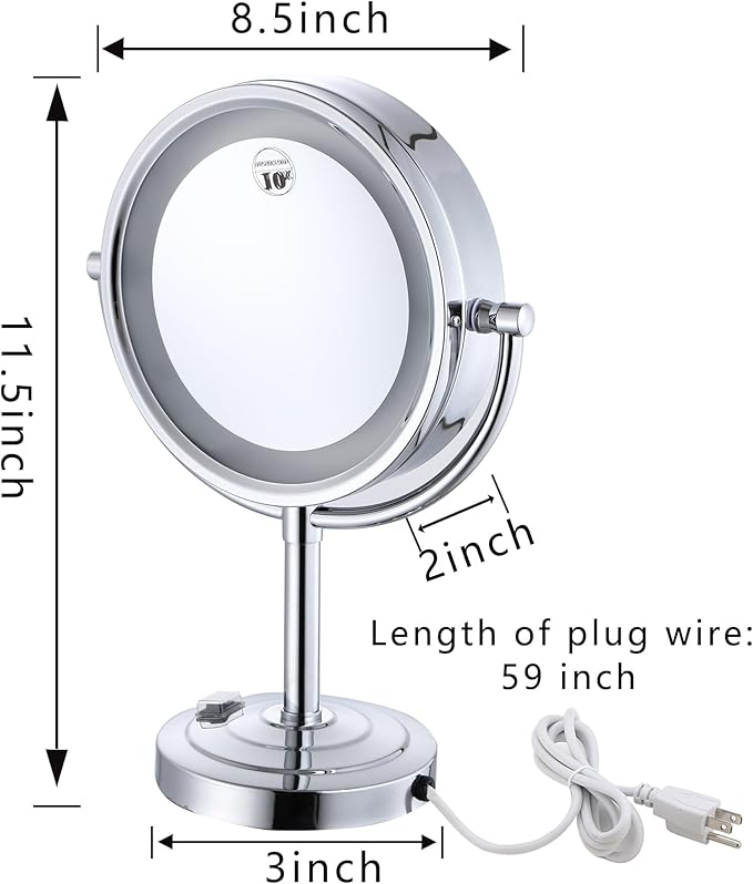 8.5 inch LED Makeup Mirror with 10X Magnification,has Three Colors Lights,Extendable Bathroom Mirror,Tabletop Two-Sided, Antique Brass Finish(8.5in,10X) (Chrome, 10x Magnification)