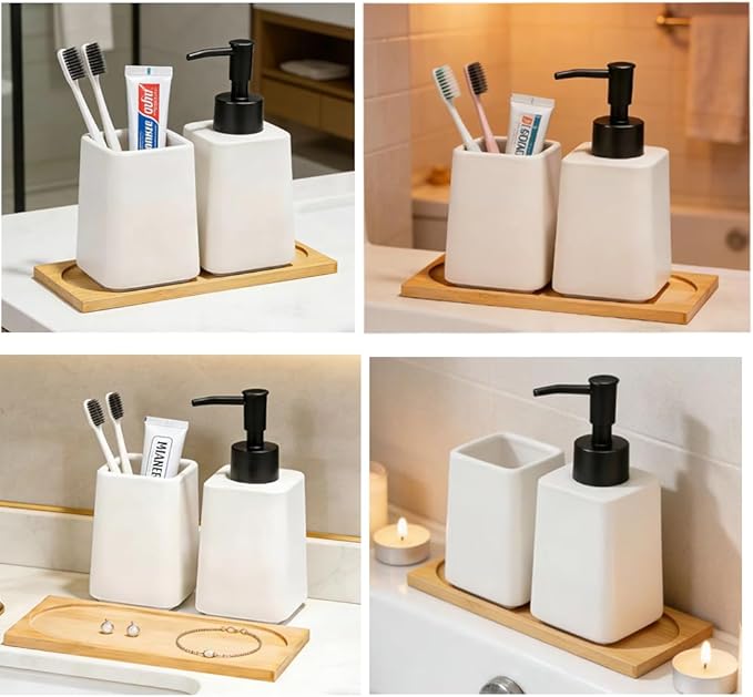 White Bathroom Accessories Set,Ceramic Soap Dispenser and Toothbrush Holder with Tray,Modern Decor Bath Set with Toothbrush Cup