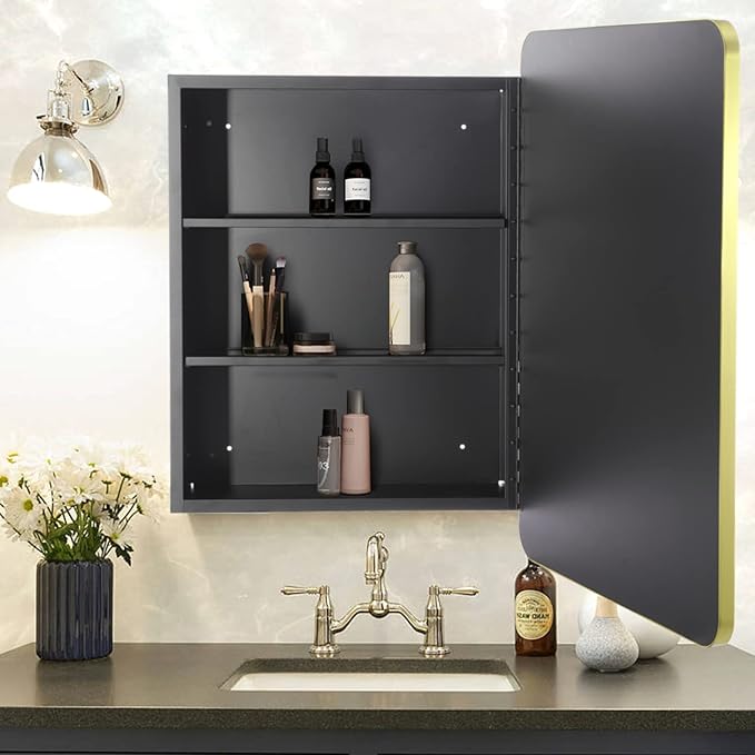 Movo Gold Metal Framed 24 Inch x 30 Inch Bathroom Medicine Cabinet with Mirror Aluminum Farmhouse Vanity Mirrors Recess or Surface Mount Installation