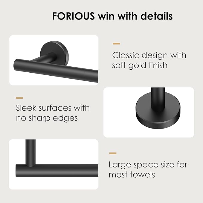 FORIOUS Black Towel Bar for Bathroom Wall, 24 Inch Stainless Steel Towel Racks for Bathroom, Includes Wall Mounting Hardware (Matte Black,Total Length 26-Inch)