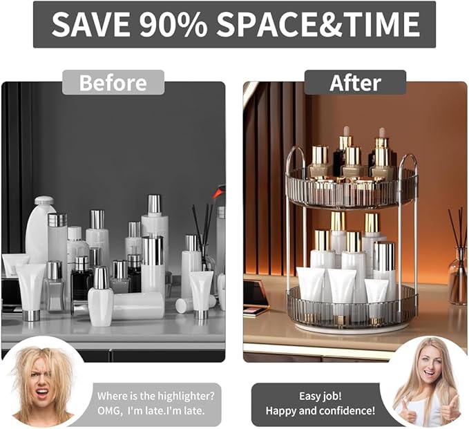 360° Rotating Makeup Organizer, 2 Tier Spinning Cosmetic Organizer for Vanity & Bathroom Countertop, Holds Tall Skincare Bottles, Perfume & Beauty Accessories – Clear Grey