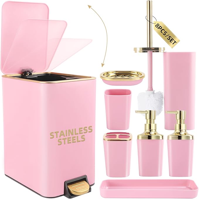 XLHOMO Pink Bathroom Accessories Set 8 Piece Pink and Gold Bathroom Set, Bathroom Sets with Stainless Steel Trash Can,Toilet Brush,Toothbrush Set,Soap Dispenser