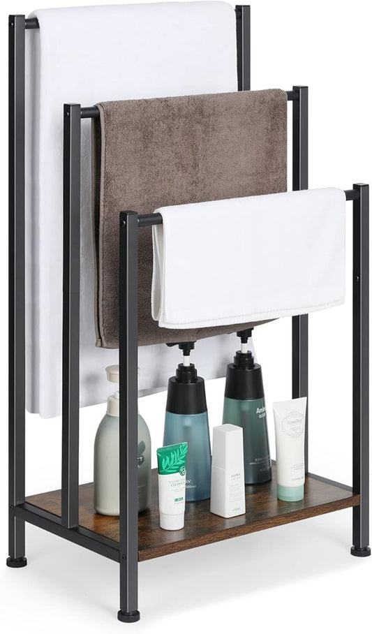 Freestanding Towel Rack, 3 Tier Blanket Ladder Holder with Rustic Brown Wooden Shelf, Industrial Display & Drying Stand Storage Rack with Non-Slip Feet for Living room, Bathroom, 17.1"L*11"W*32.3"H