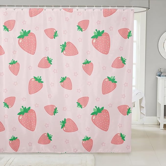 Strawberry Print Bathroom Curtain Kids Girls Kawaii Pink Strawberry Shower Curtain Cute Fruit Bath Curtains for Bathtubs Girl Stalls Decor Lightweight Waterproof Kids Bathroom Accessories 72"x72"