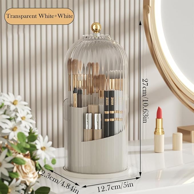 Makeup Brush Holder Organizer with Lid, 360?? Rotating Clear Dustproof Cosmetics Storage, Makeup Brushes Cup Pen Holder for Vanity Desktop Bathroom Countertop (Clear White Cap)