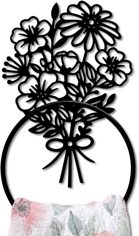 MAYJOYDIY Bouquets Metal Towel Ring Daisy Flowers Hand Towel Holder Round French Floral Towel Hangers Black Bathroom Towel Rack Wall Mounted for Kitchen Bath Home Laundry Room Decors Gifts