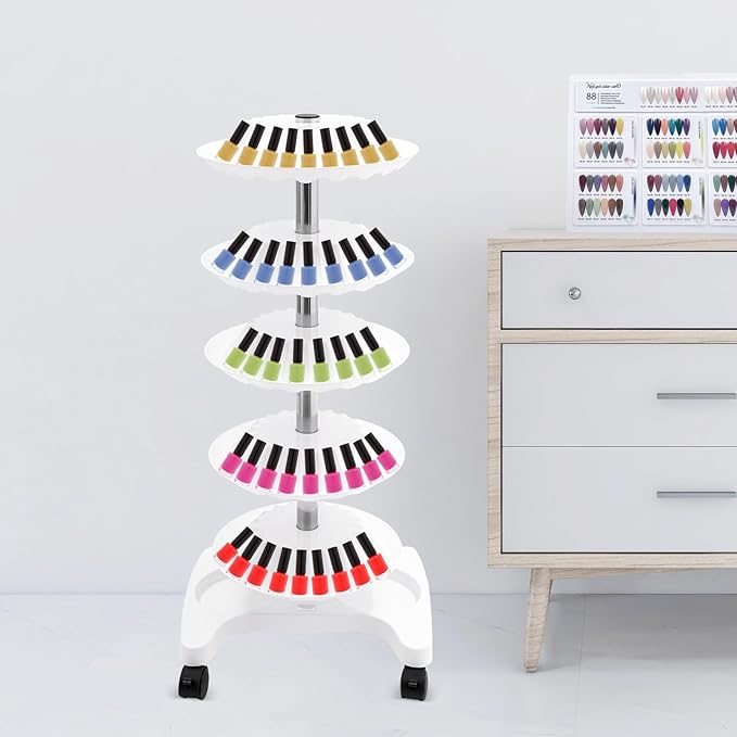 DYRABREST 5-Tier Nail Polish Trolley Organizer, 360° Rotating Nail Polish Display Stand with Wheels, Adjustable Shelves, White Modern Rolling Cart for Nail Salons and Home Use (white)