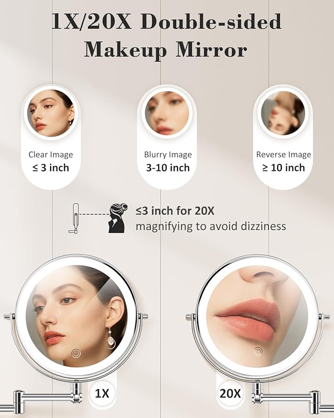 vpu 9" Wall Mounted Makeup Mirror with Light, 20X/1X Height Adjustable Double Sided Magnifying Bathroom Lighted Mirror, 3 Color Touch Dimmable Extended Arm 360 Rotation Light up Magnification Mirrors