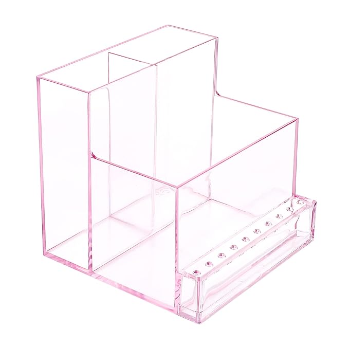 FRCOLOR Nail Drill Bits Holder Stand Display Organizer with Holes Transparent Storage Box for Nail Art Polishing Grinding Drill Bit (Pink)