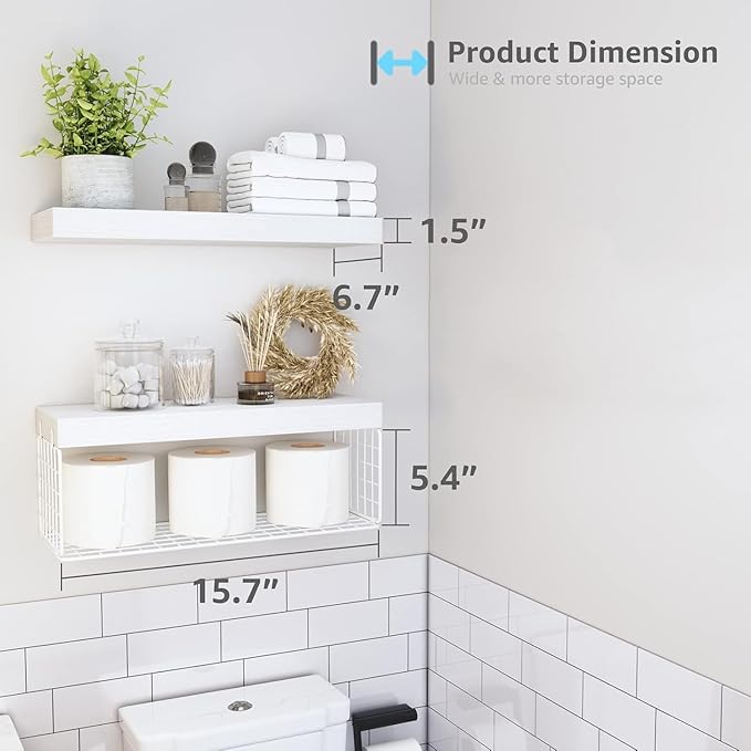Bathroom Shelves Over Toilet - Heavy Duty Storage Rack, 25+ lbs Weight Capacity, Minimalist Design Wall Mounted Floating Shelves Toilet Paper Storage Farmhouse Decor Shelf 16 inch (White, General, 2)