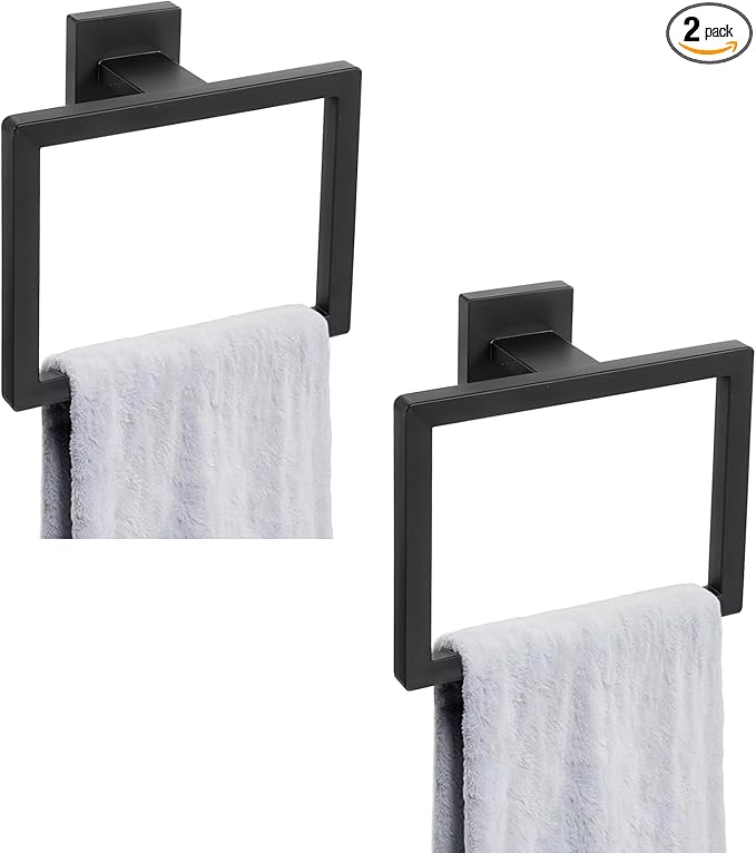 Hand Towel Ring Shower Towel Hanger 2PC Bath Towel Holder Bathroom Lavatory Stainless Steel Wall Mount 2 Pack, Matte Black