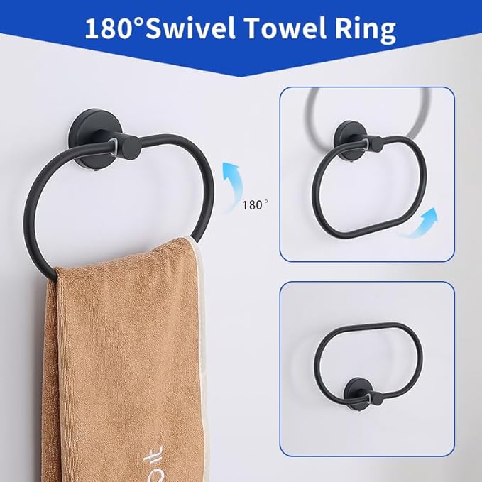 7-Piece Bathroom Hardware Accessories Set SUS304 Stainless Steel Towel Bar Set Wall Mounted 25.9-Inch Towel Rack, Towel Ring, Toilet Paper Holder with Shelf & 4 Hooks, Black