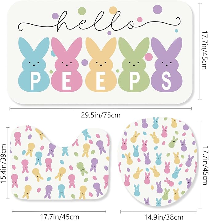 4 Pcs Easter Bunny Shower Curtain Sets with Non-Slip Rugs, Toilet Lid Cover and Non-Slip U Shape Bath Mat, Easter Bathroom Decor with 12 Hooks 71 x 71 Inches (Style A)