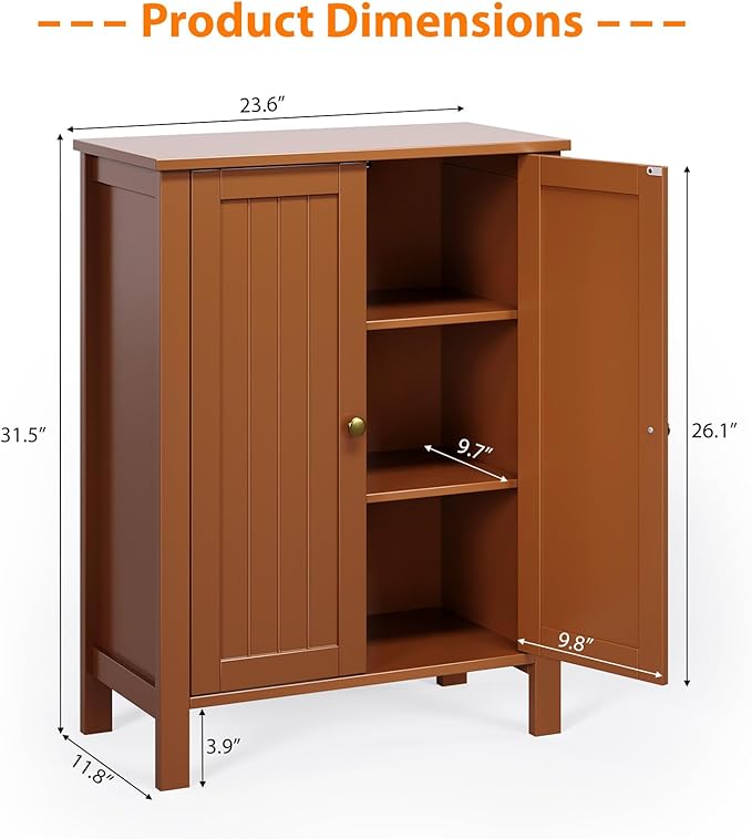 Bonnlo Free Standing Bathroom Storage Cabinet, Rustic Brown Floor Cabinet with Doors, Small Wooden Accent Sideboard Console for Entryway, Kitchen, Living Room Organization, 31.5" H