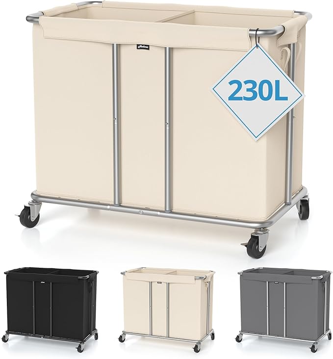 Hodonas 230L Rolling Laundry Hamper, 2-Section Laundry Basket with Wheels, 61 Gallons Laundry Sorter with Metal Structure and Removable Liner, Clothes Hamper for Laundry Room, Bathroom, Bedroom, Beige