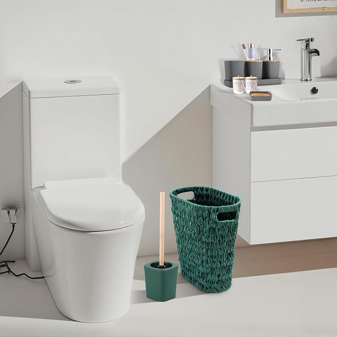 XLHOMO Dark Green Bathroom Accessories Set with Wicker Trash Can Shower Curtain and Rugs,Bathroom Sets Small Waste Basket Bathroom Trash Can for Bedroom Bathroom