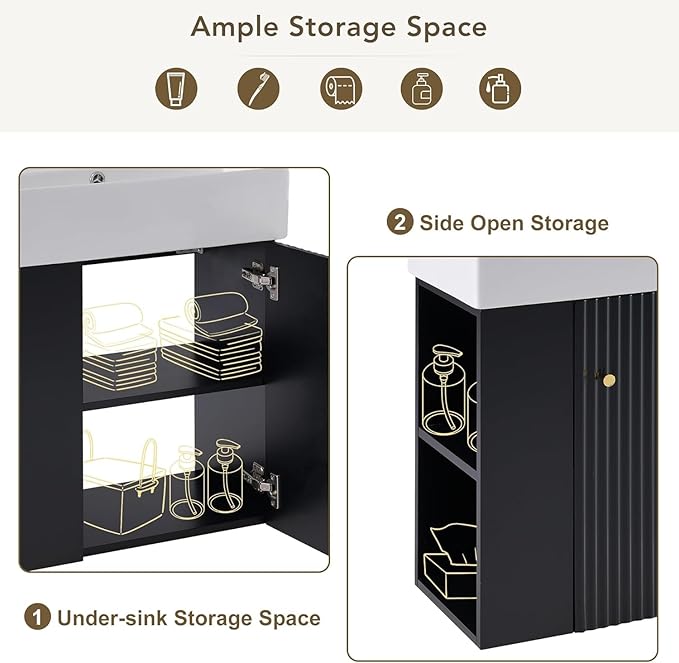 Virubi 21.6 in Floating Bathroom Vanity with Sink,Soft Closing Doors,Solid Wood Frame & MDF Modern Single Small Black Bathroom Vanity Cabinet with Open Shelf,Wall Mounted