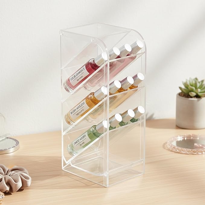 4-Tier Acrylic Rollerball Perfume Organizer, 45° Slanted Perfume Holder, Transparent ScentBird & Travel Size Perfume Sample Storage Case