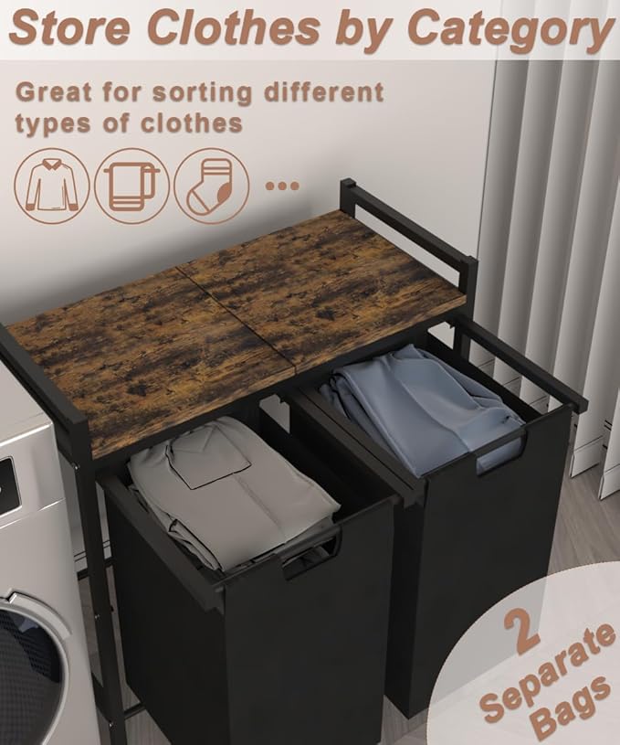 12 x 2 Gal Large Laundry Hamper with Wheels, 2 Pull-Out & Removable Sorter Bags, Freestanding Clothes Basket Organizer for Clothing or Toys in Bathroom and Living Room, Rustic Brown and Black