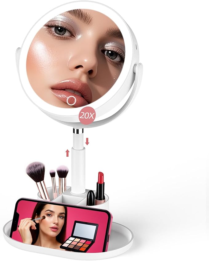 Shinowa Makeup Mirror with Lights, 1X/20X Lighted Magnifying Mirror with Storage for Makeup & Jewelry, 2-Sided Height Adjustable Vanity Mirror with 3 Color Lights, 360° Rotation & Rechargeable, White