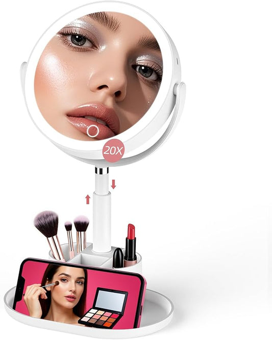 Shinowa Makeup Mirror with Lights, 1X/20X Lighted Magnifying Mirror with Storage for Makeup & Jewelry, 2-Sided Height Adjustable Vanity Mirror with 3 Color Lights, 360° Rotation & Rechargeable, White