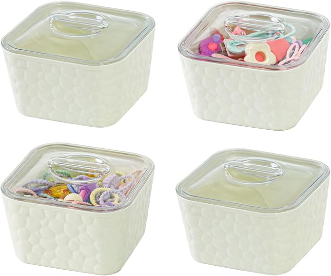 FABROK 4 Pack Hair Accessory Organizer, Clear Hair Tie Holder with Lids, Desk Organizer Case for Hair Tie, Cotton Swab, Cables, Stationery(Cream)