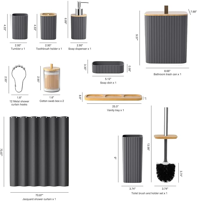 Bathroom Set - 22PCS Grey Bathroom Accessories Set Trash Can Toilet Brush Holder Set Soap Dispenser Bathroom Accessory Set with Shower Curtain Bathroom Decor Set for Home, Restroom