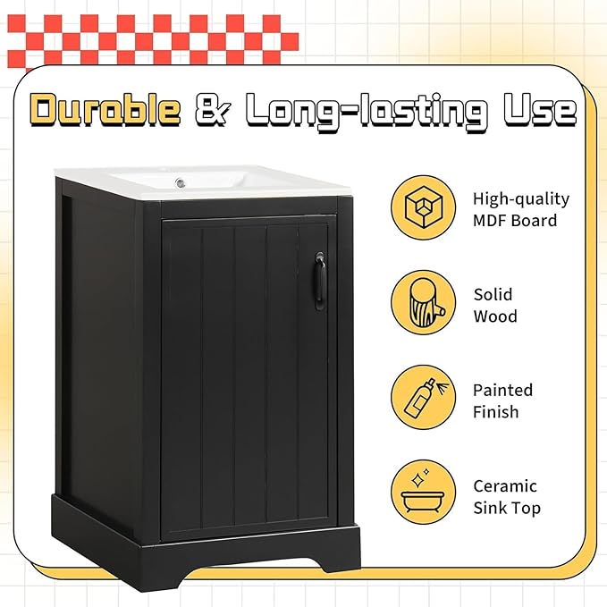 Virubi 20 in Small Bathroom Vanity with Sink,Soft Close Door and Adjustable Shelf,Wood Modern Single Bathroom Sink Cabinet,Freestanding (Black)