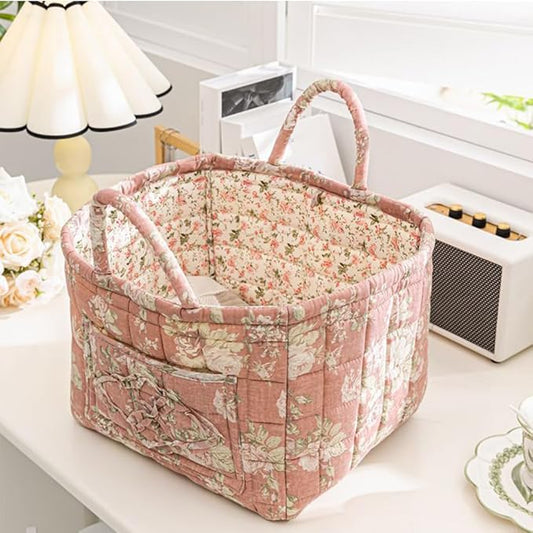 Quilted Fabric Storage Basket Boho Floral Laundry Hamper with Handle Foldable Floral Basket Organizer for Car Bedroom