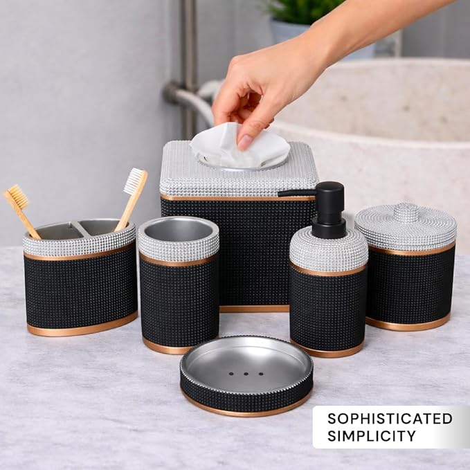 Decozen Bathroom Accessories 6Pcs Set, Soap Dispenser, Toothbrush Holders, Tumbler, Soap Dish & Cotton Swab Jar – Modern Bathroom Decor, Modern Farmhouse Decor, Countertop Accessories, Black