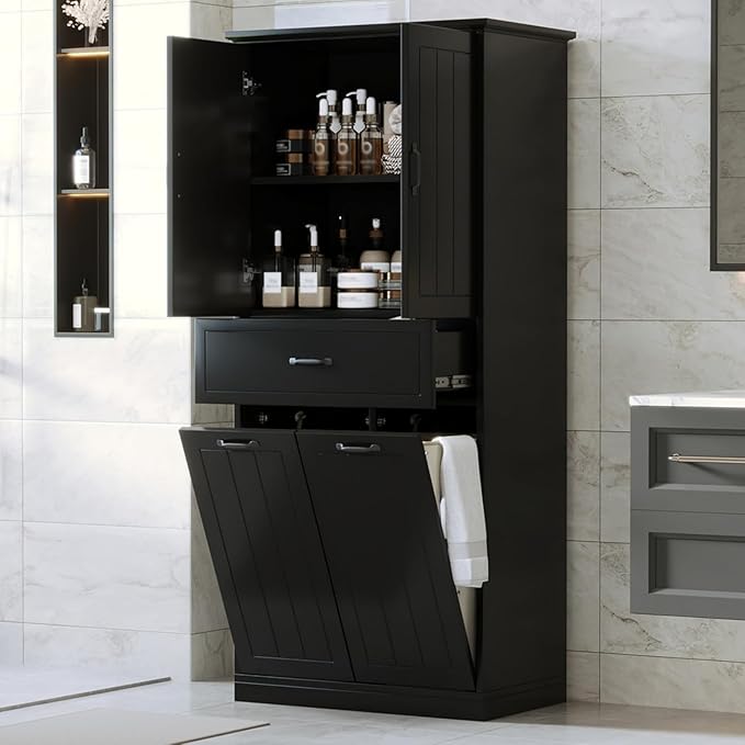 Virubi Tall Tilt Out Laundry Cabinet with 2 Tilt Out Laundry Hamper, Wood Bathroom Storage Cabinet with Doors,Drawers and Adjustable Shelves Freestanding (Black)