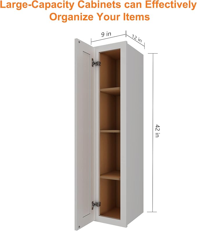 ROOMTEC (Light Gray Wood Wall Cabinet, RTA Single Door Medicine Cabinet with Adjustable Shelves and Soft-Close Door for Kitchen, Bathroom, and Laundry. 12" D*9" W*42" H