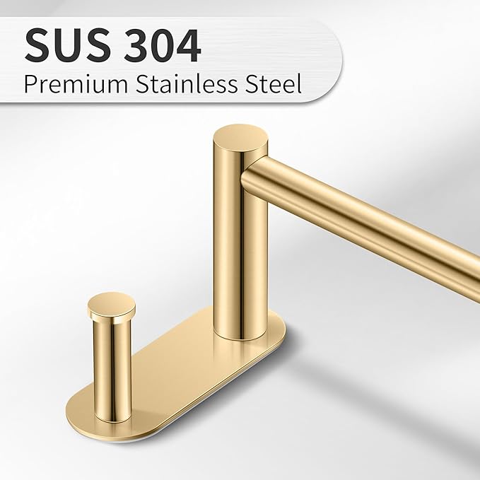 24 Inch Adhesive Towel Bar - Stainless Steel Stick on Towel Rack for Bathroom, No Drilling Towel Holder with 2 Hooks, Brushed Gold
