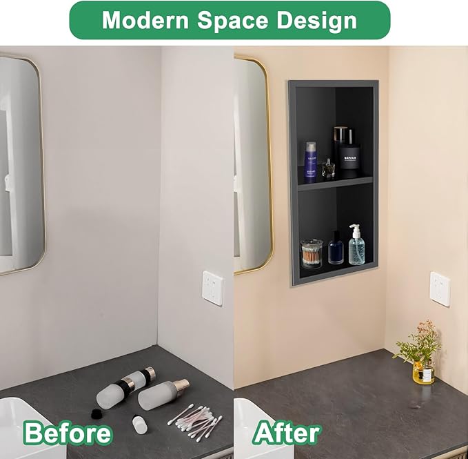 SaniteModar Shower Niche, Stainless Steel Shower Niche No Tile Needed, Recessed for Bathroom Storage (Matte Black, 12x24,Double)