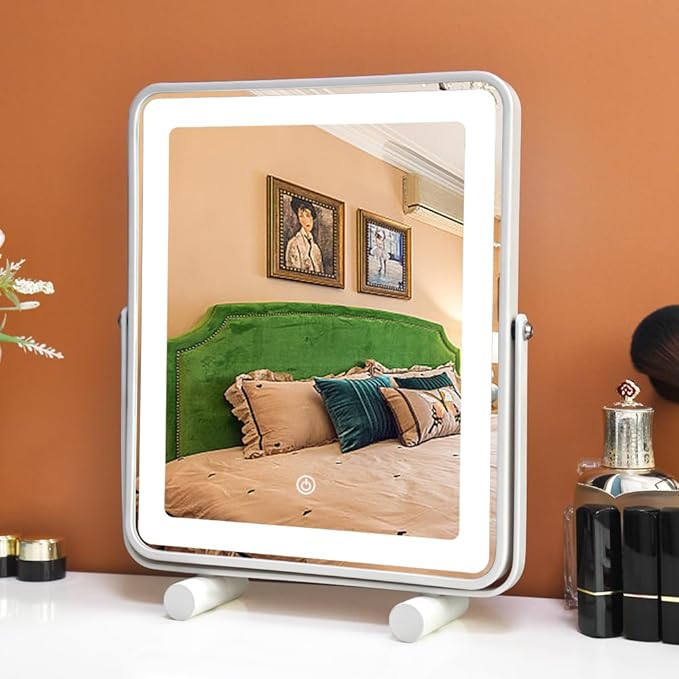YEKKOPT Makeup Vanity Mirror with Lights,13" Large Hollywood LED Lighted Make up Mirror for Bedroom Tabletop,Three Color Lighting Modes,Smart Touch Control, 360°Rotation