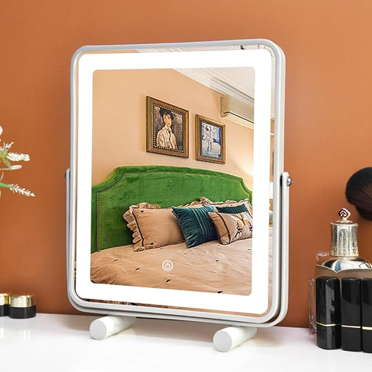 YEKKOPT Makeup Vanity Mirror with Lights,13" Large Hollywood LED Lighted Make up Mirror for Bedroom Tabletop,Three Color Lighting Modes,Smart Touch Control, 360°Rotation