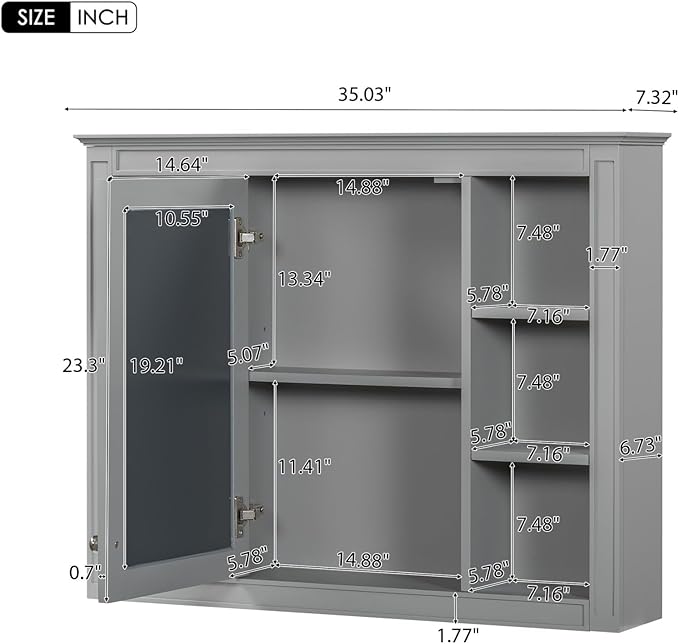 Merax 35''L Bathroom Medicine Storage Cabinet with Mirror Doors, Modern Wall Mount Toilet Organizers with 6 Open Shelves, Grey