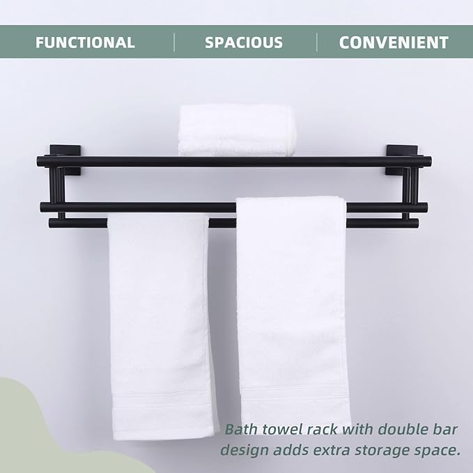 Bathroom Towel Shelf with Bar, Angle Simple Stainless Steel Bath Towel Rack, Double Towel Holder with Shelf, Wall Mount Train Rack Matte Black 23.62 Inches